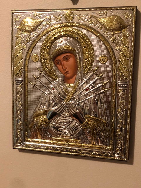 Virgin Mary icon Panagia of Seven Swords, Handmade Silver 999 Greek Orthodox icon, Byzantine art wall hanging on wood plaque religious icon