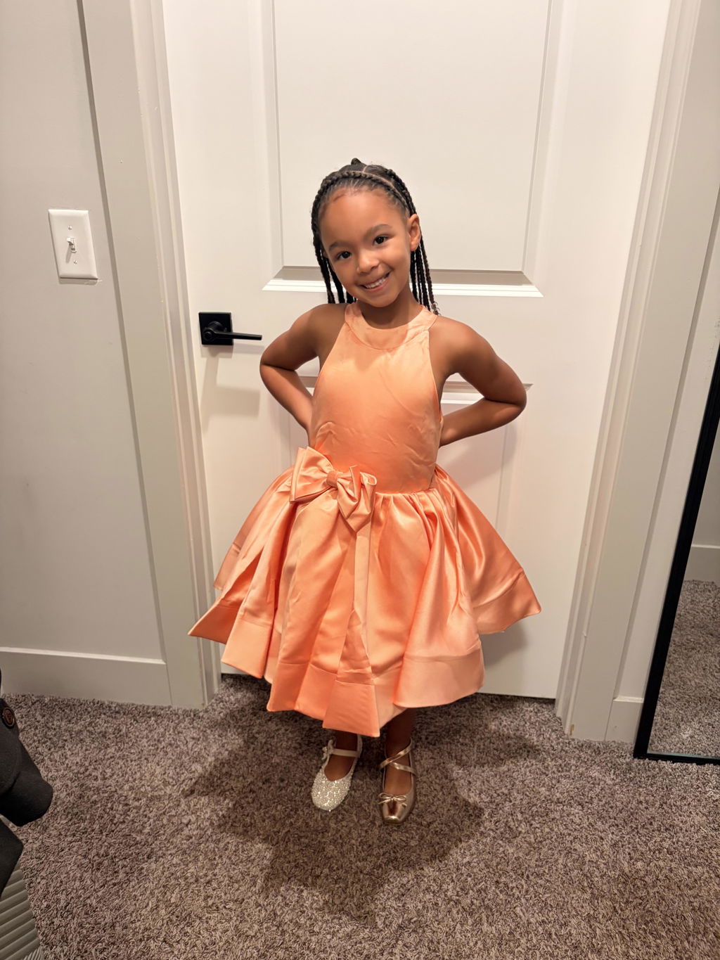 TinyTulle Peach Satin Flower Girl Dress High Neck Bow Knee Length Birthday Dress