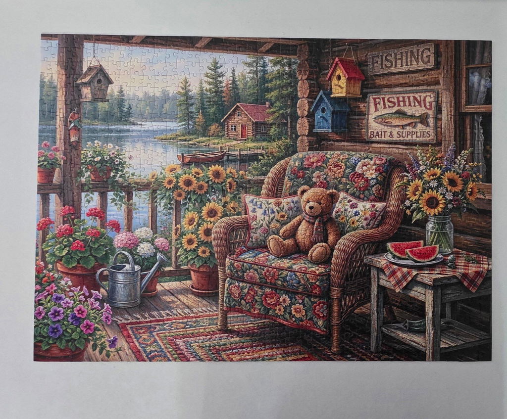 Cozy Lakeside Porch Teddy Garden Jigsaw Puzzle