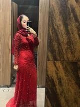 ‘ARIEL’ RUBY RED PANEL TRAIN DRESS WITH GLASS DIAMANTÉ