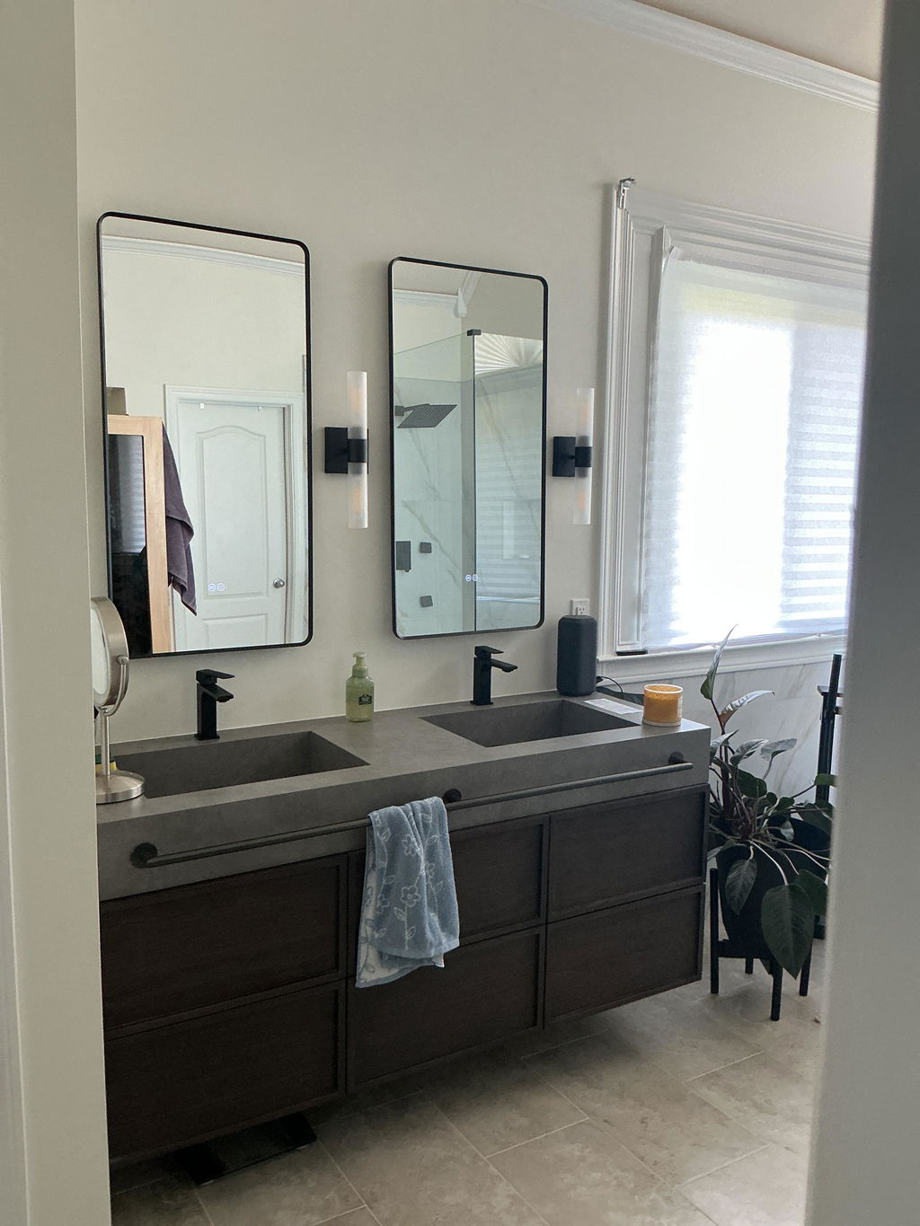 Modern Bath Vanity Set, Brown, Gray Slate Top, 52"-78", Double, Floating, Dual Smart LED Mirror, Towel Rack