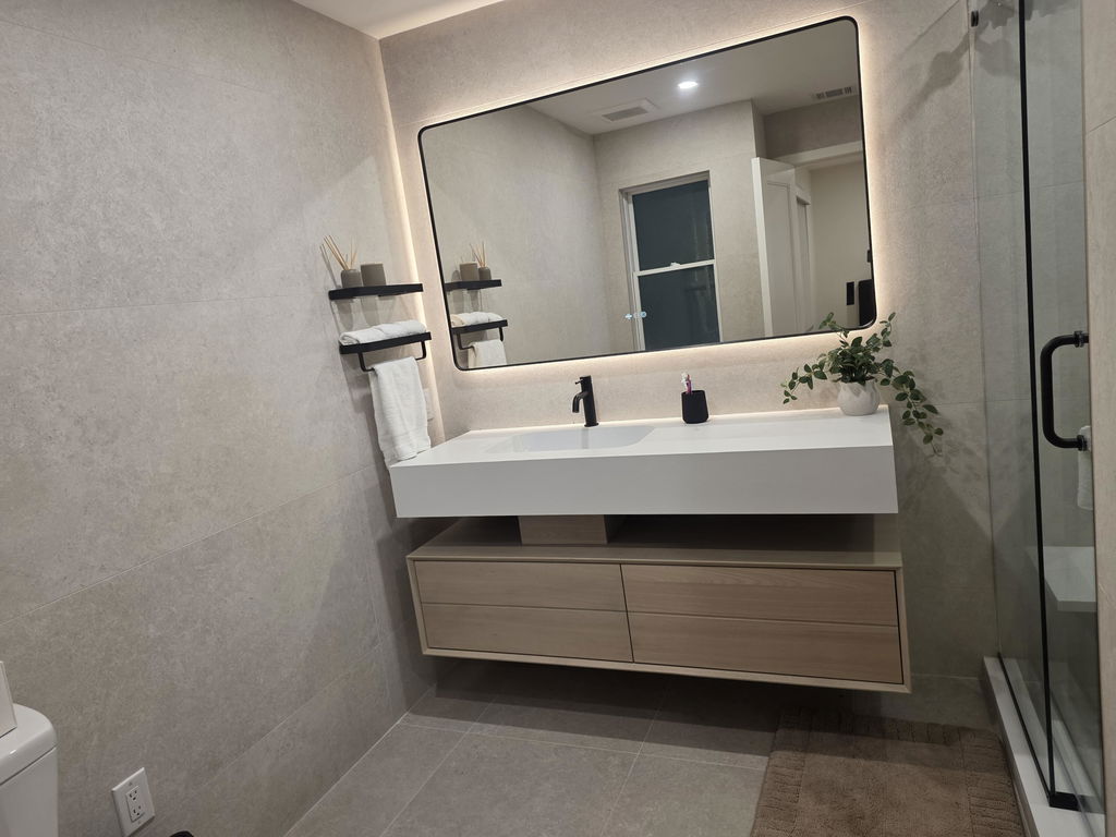 Elegant Bath Vanity Set, Natural, Split White Top, 52"- 78", Double, Floating, Smart LED Mirror, Rear Cabinet