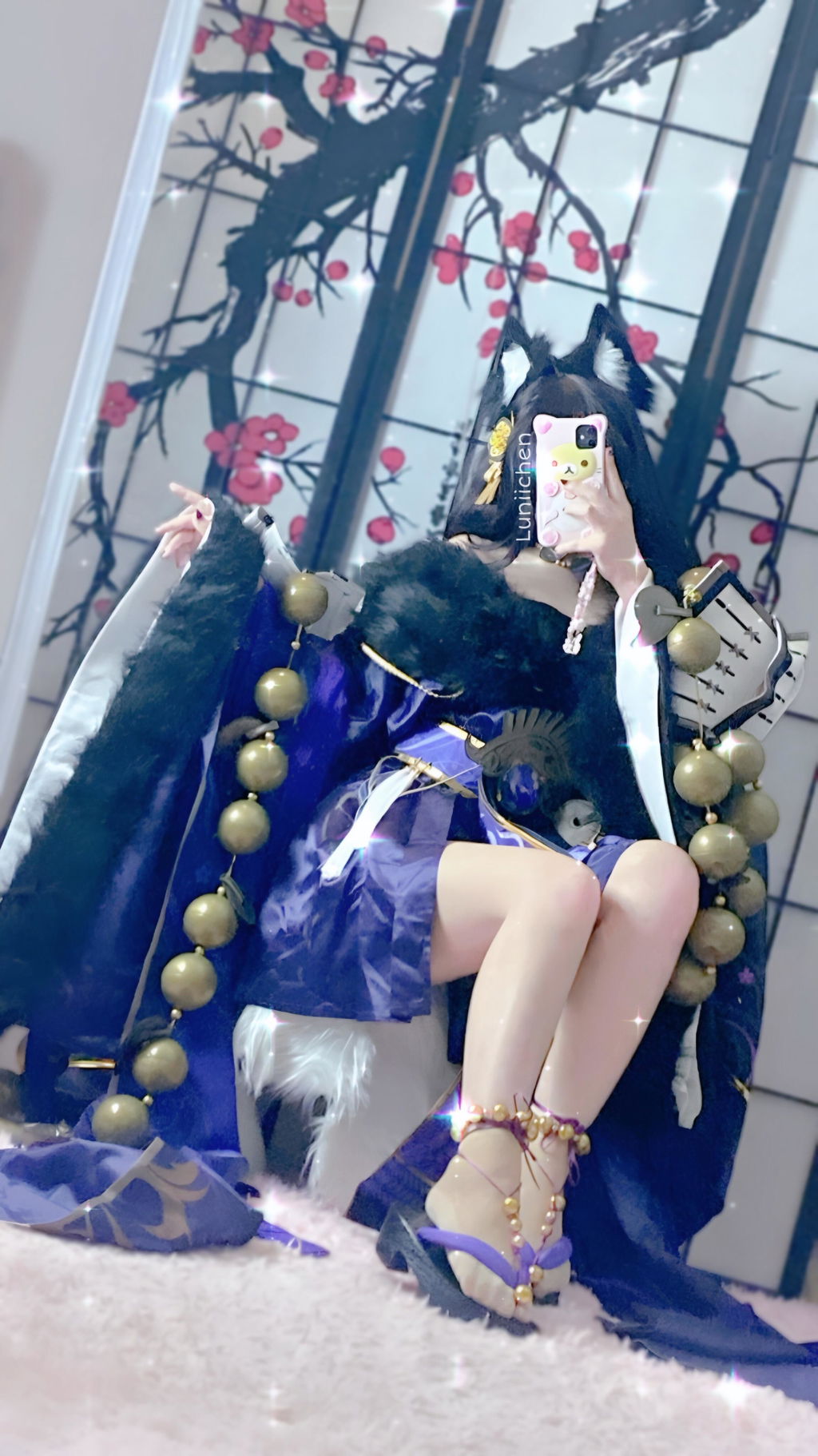 Uwowo Game Azur Lane IJN Musashi Kimono Fox Cosplay Wig With Ears Dark Purple Hair