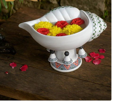 Terracotta Decorative Flower design Sangu urli with Stand | Showpiece Vastu Benefit - (Breadth-13 Inch)