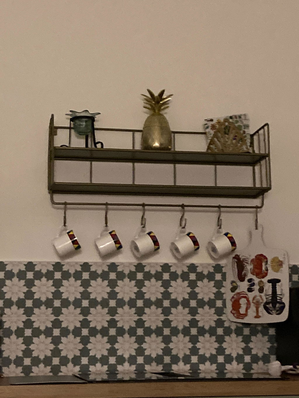 Industrial Wall Shelf with Hooks - Antique Brass