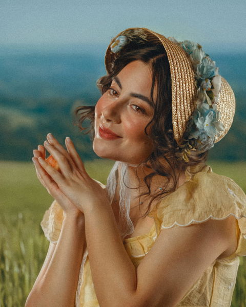 Lace Up Blue Floral Straw Bonnet Hat