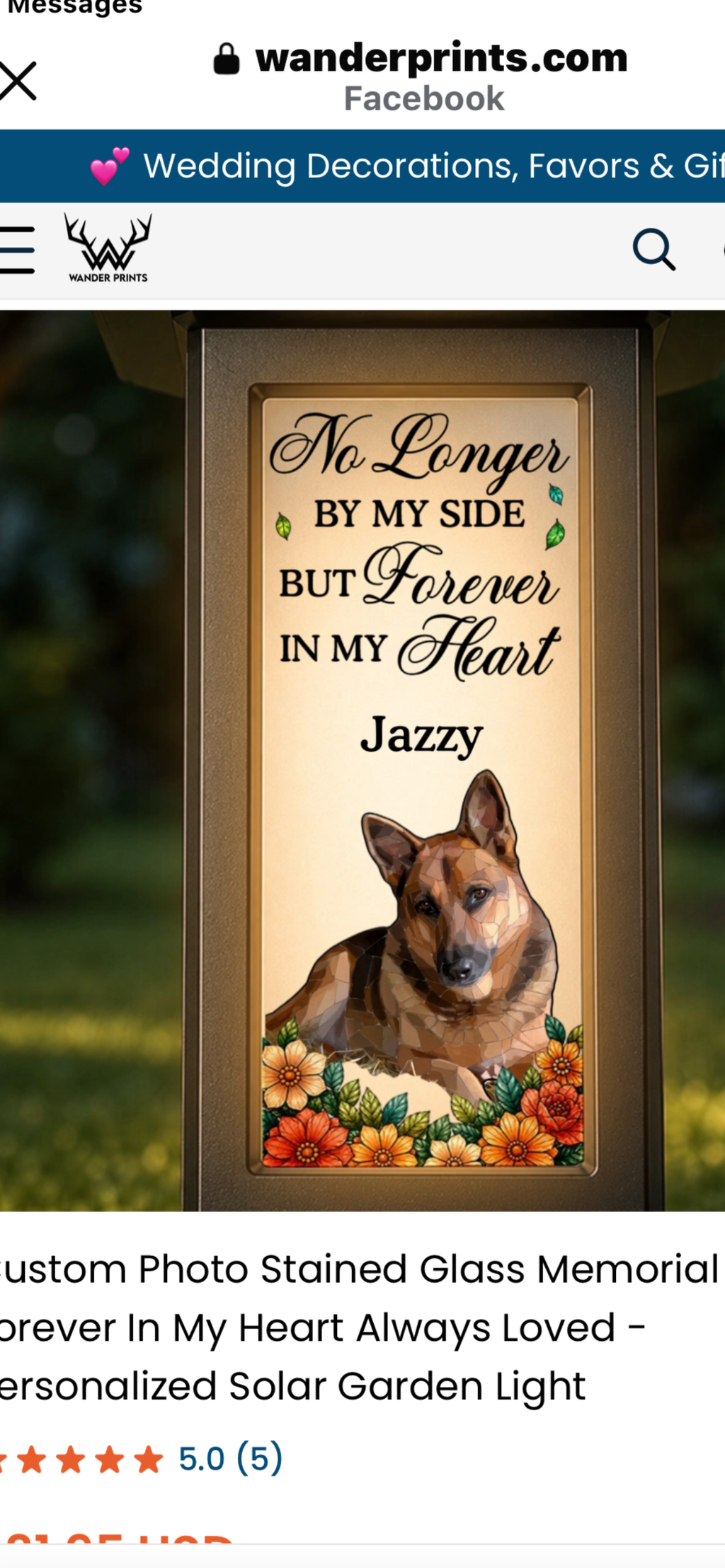 I love my personalized pet solar light stake.
It looks beautiful with the picture of my deceased and beloved German Shepherd, Jazzy, on the solar light. I only gave it a 4 out of 5 stars because I had an issue initially with the light not lighting up at night, even though it had been charged. After notifying them, they immediately said they would send me a new one but first wanted me to try something to fix it. I had to unscrew the top and take the housing out and flip the on/off switch to the on position which apparently they had not done before sending it to me. Once I flipped the switch and put the unit back together it was working perfectly lighting up at night.
It looks beautiful!! I am going to order another one for another garden grave of my other German Shepherd that was predeceased to this one.