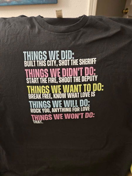 Customer photo from a review of Classic Rock Lyric Parody T-Shirt