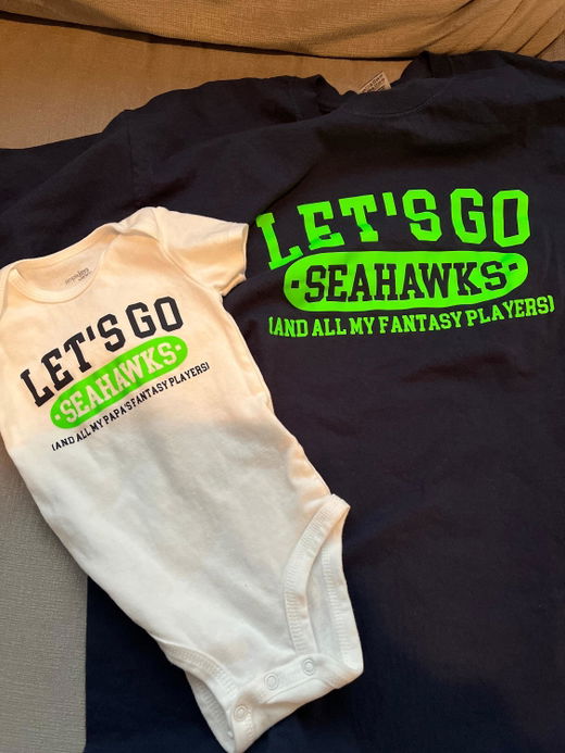 Customer photo: matching Let's Go Seahawks (and all my fantasy players) adult shirt and baby onesie