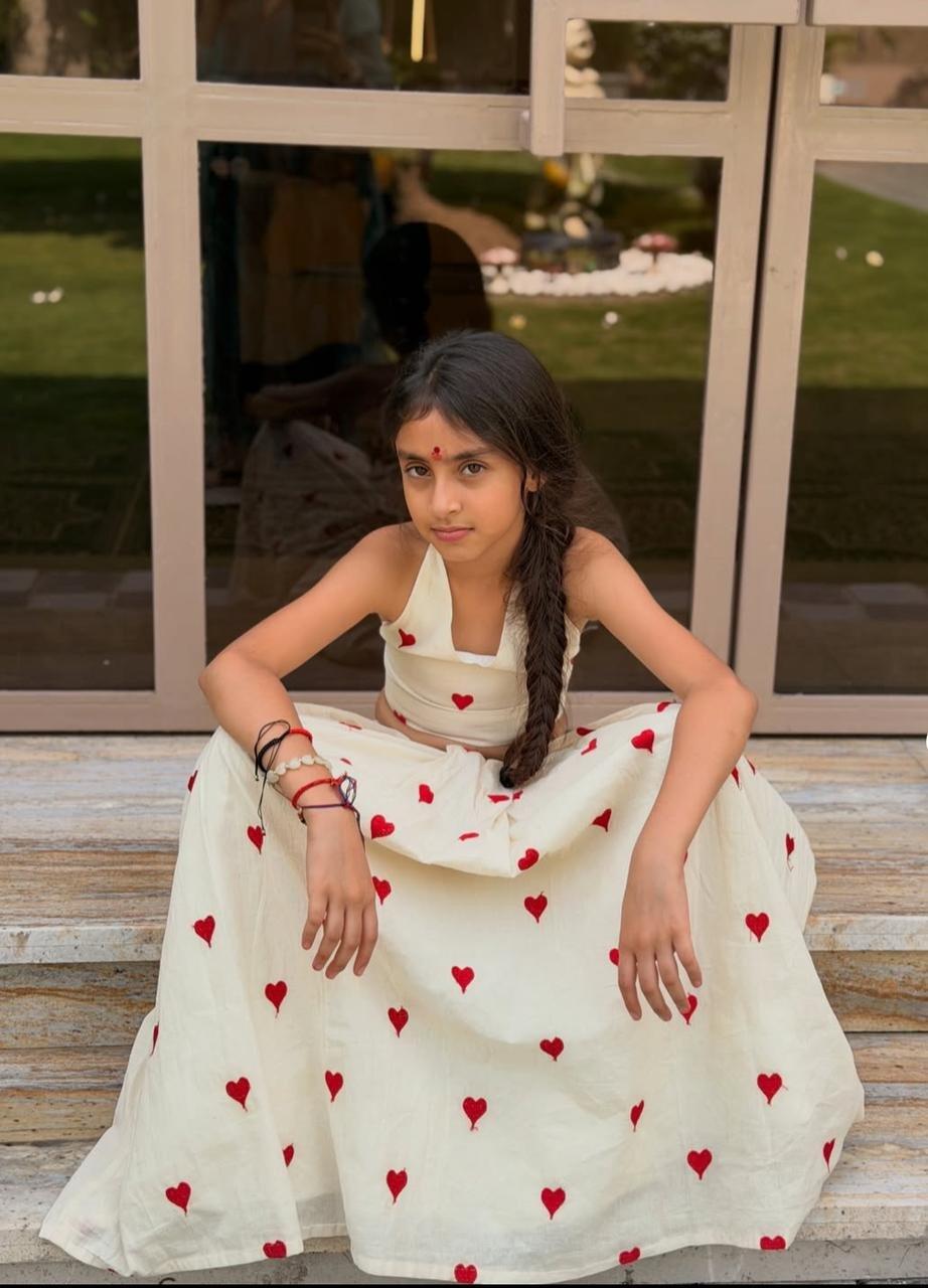 Pre Order: Hearts Embroidered Stylish Tie Knot Strap Top And Lehenga