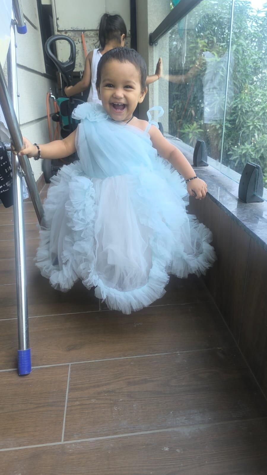 Pre Order: Powder Blue One Shoulder Ruffled Dress With Detachable Drape