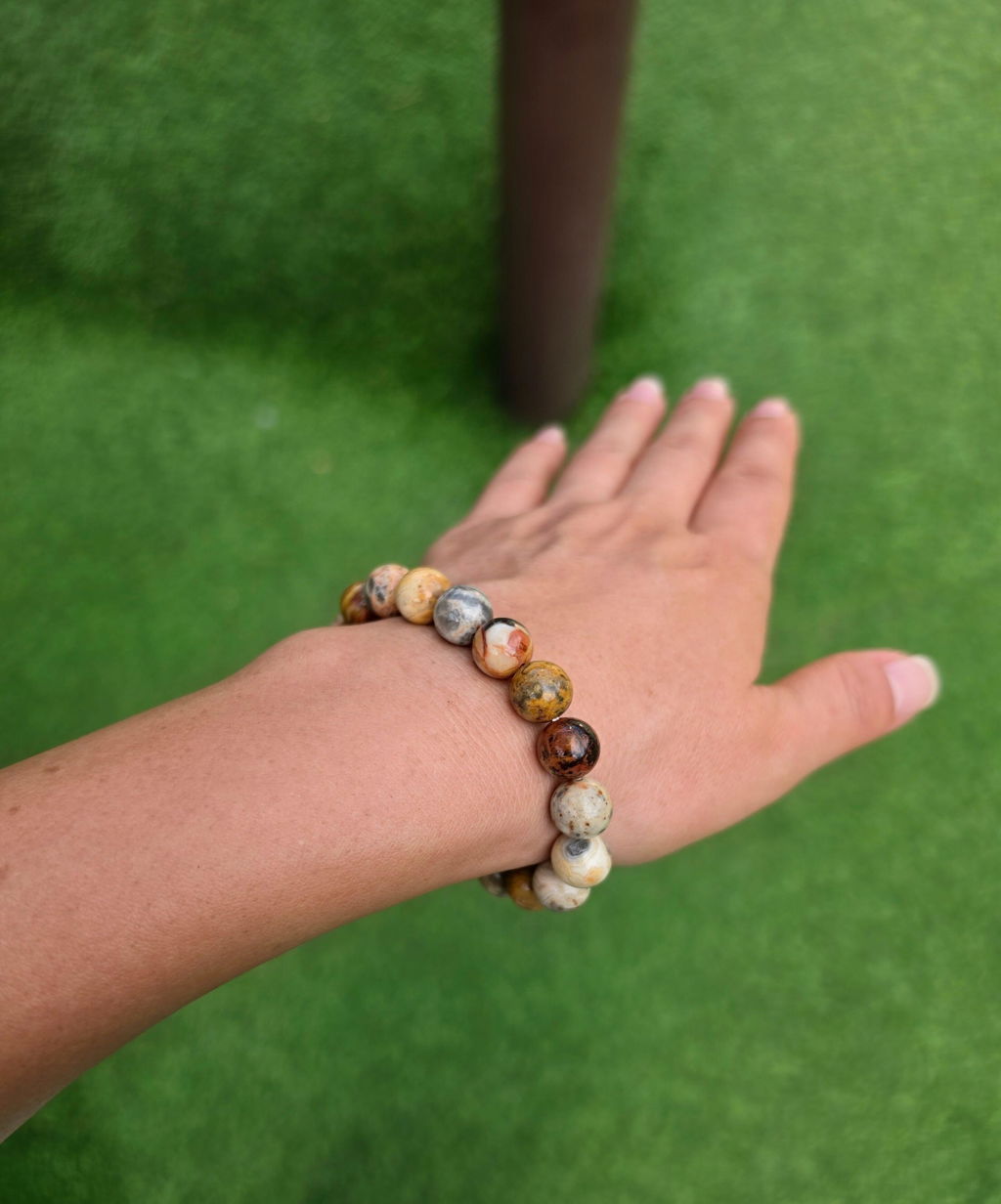 Reiki-Infused Crazy Lace Agate Strength & Stability Bracelet – 10mm Beads (Medium Wrist)