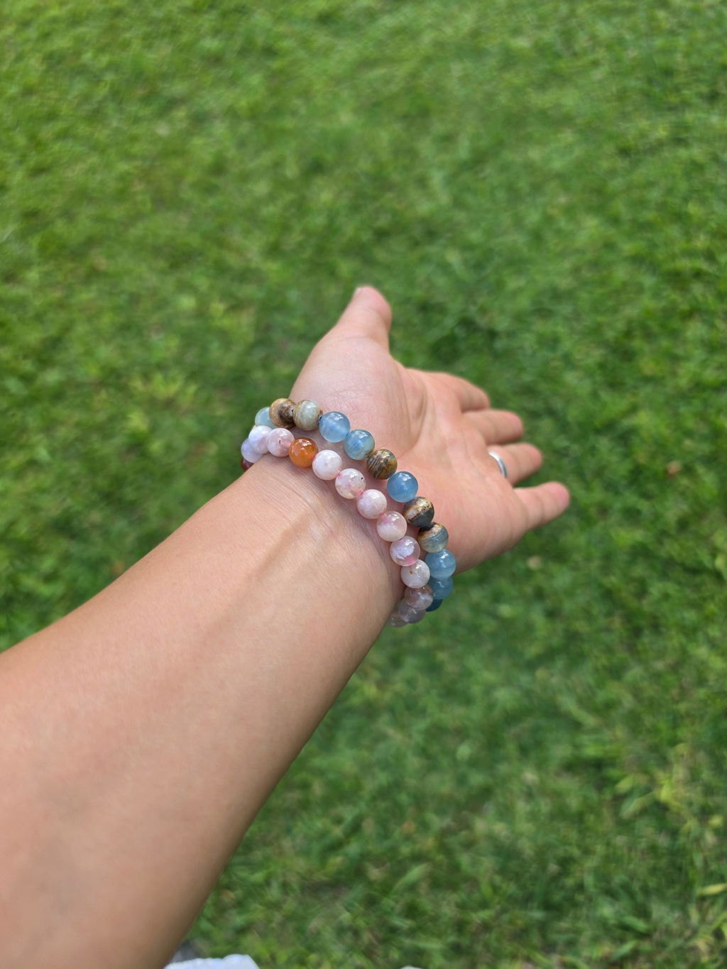 Aquatine Lemurian Calcite Bracelet (8mm) – Emotional Healing, Intuition & Inner Peace | Reiki-Infused Crystal Bracelet for Medium Wrists