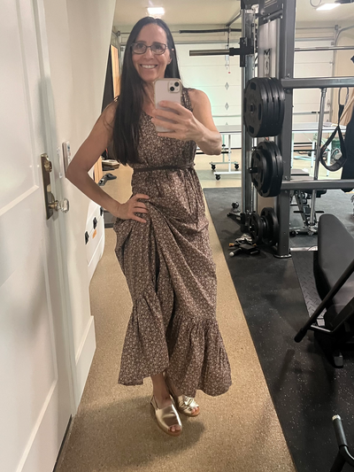 Customer wearing Brilliant Gold Peep Toes with a floral maxi dress