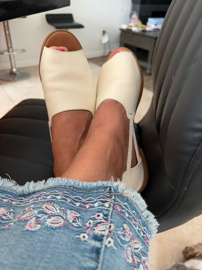 Customer's Vanilla Cream Peep Toes with denim