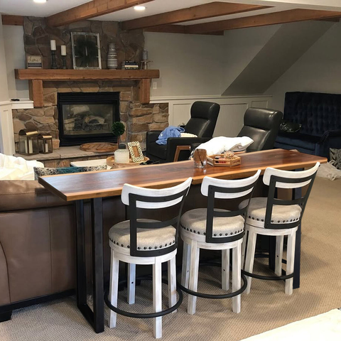 "Onegrain" Counter High Bar Table — Single-Slab Live Edge Narrow Kitchen Table with Steel Legs
