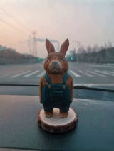 Denim Bunny Figurine Hand-Painted Wooden Sculpture
