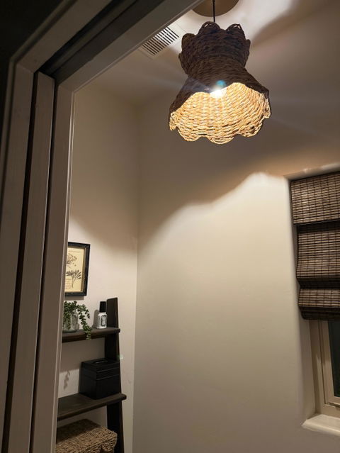 Satin Brass Instant Pendant Light - Recessed Can Conversion Kit with Large 15" Woven Hyacinth Scallop Shade